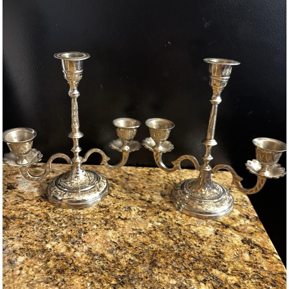 Vintage Silver Plated 3 Arm Candelabra Candle Holders Made in India